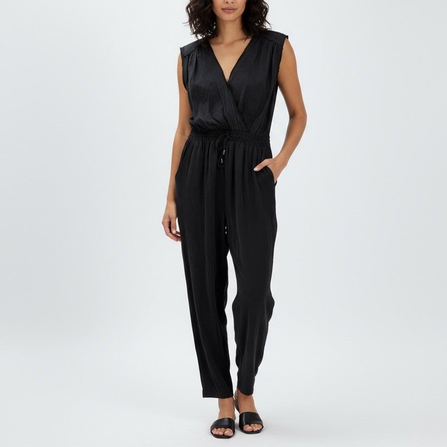 eleven*sixes Black Sleeveless V Neck Wrap Style Drawstring Waist Jumpsuit