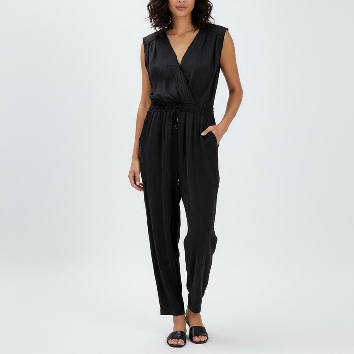 eleven*sixes Black Sleeveless V Neck Wrap Style Drawstring Waist Jumpsuit