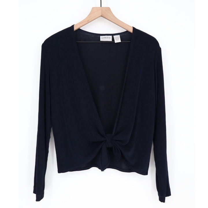 Chicos Travelers Navy Blue Long Sleeve Knot Front Cardigan Sweater Size 0/S