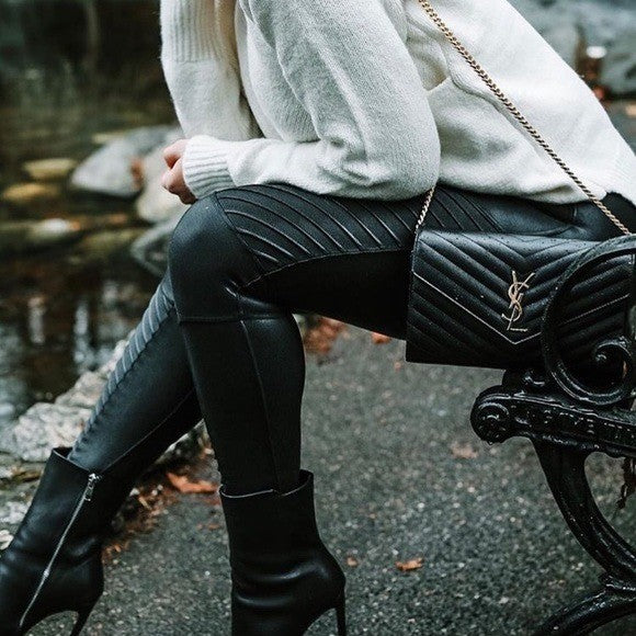 SPANX Moto Velvet Leggings Black High Waist Moto Paneled Size L