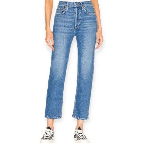 RE/DONE 70s Stove Pipe Jeans True Indigo High Rise Straight Leg Size 23