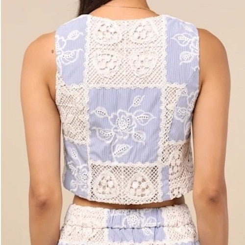 Lulus Elfreda Blue And Cream Crochet Knit Patchwork Tie-Front Size XS