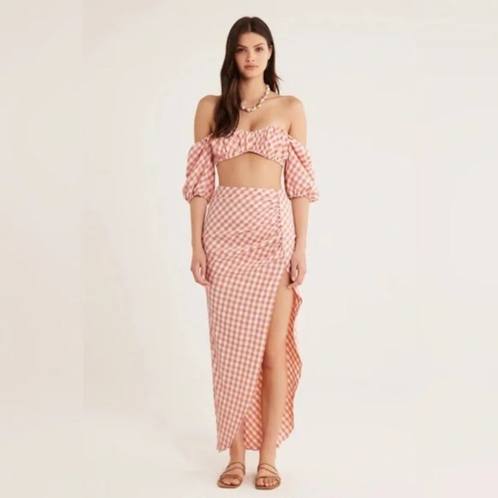 Rumer Bisou Ruched Gingham Maxi Skirt Size S
