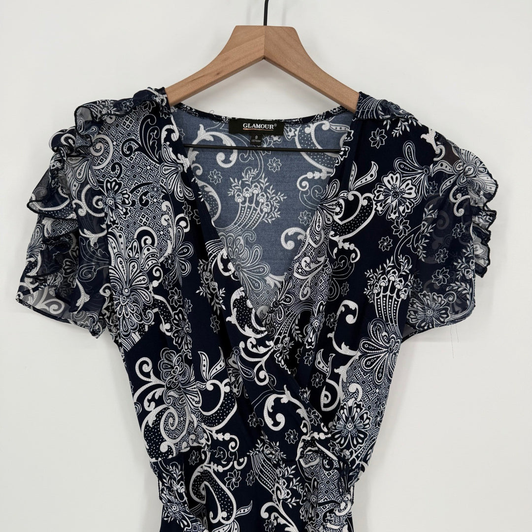 Glamour Women's Navy Blue White Paisley Print Wrap Dress Ruffle Sleeve Size 8