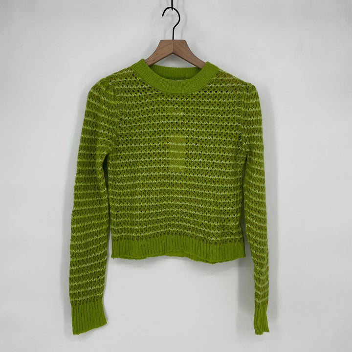 WAYF Lime Green Knit Mesh Striped Cropped Sweater XS