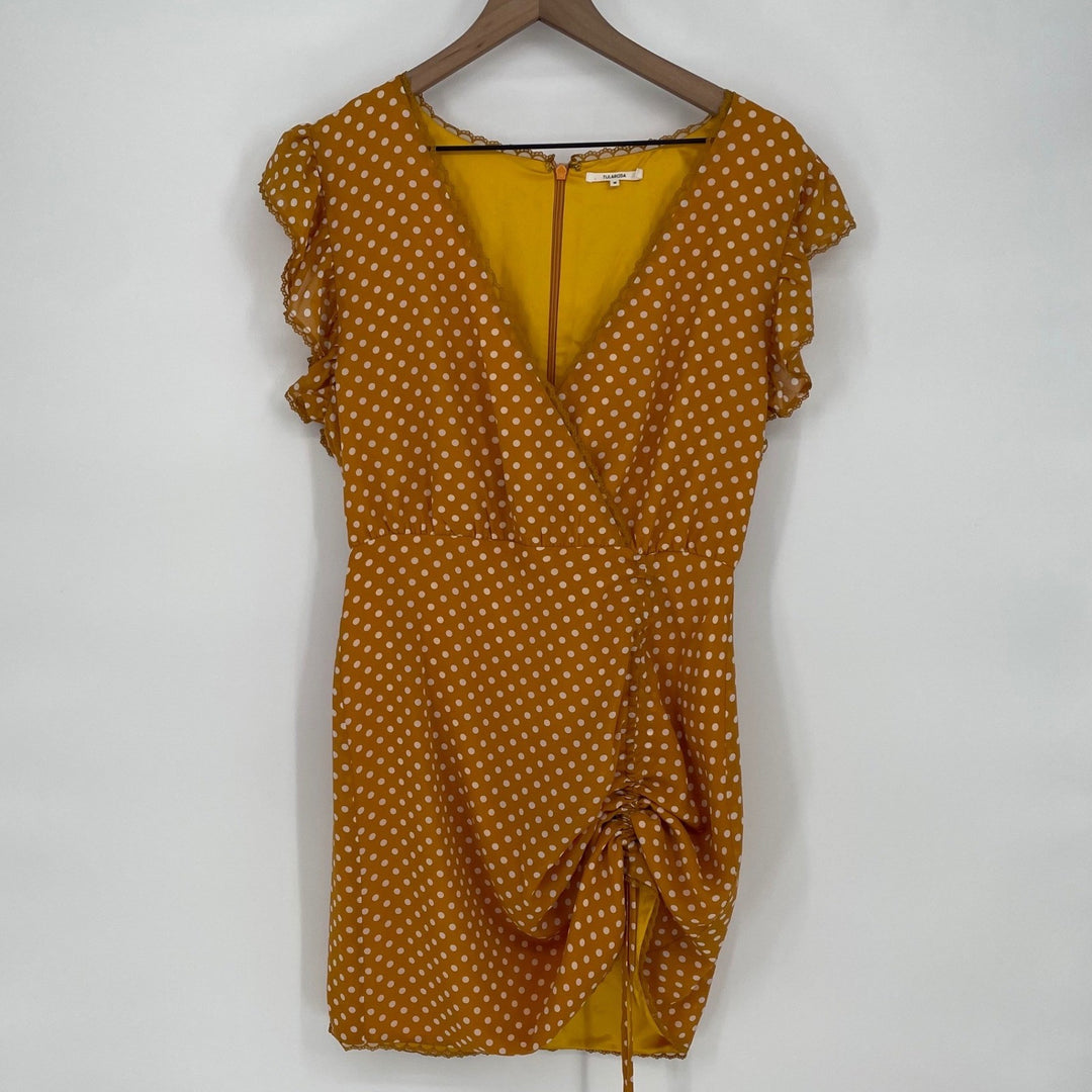 TULAROSA Mustard Yellow Polka Dot Ruffle Sleeve Wrap Dress Size M