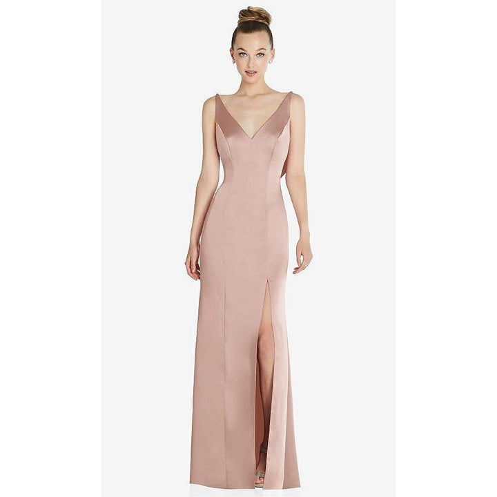 After Six Beige Satin V Neck Spaghetti Strap Floor Length Gown Dress Sz 4