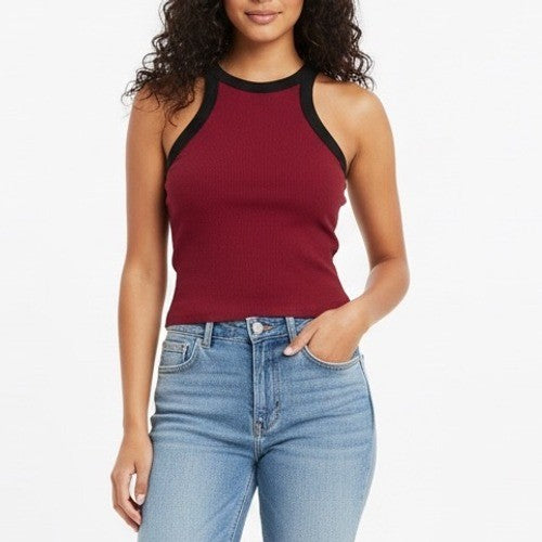 BOZZOLO Ribbed Burgundy Black Trim Racerback Tank Top Size Medium