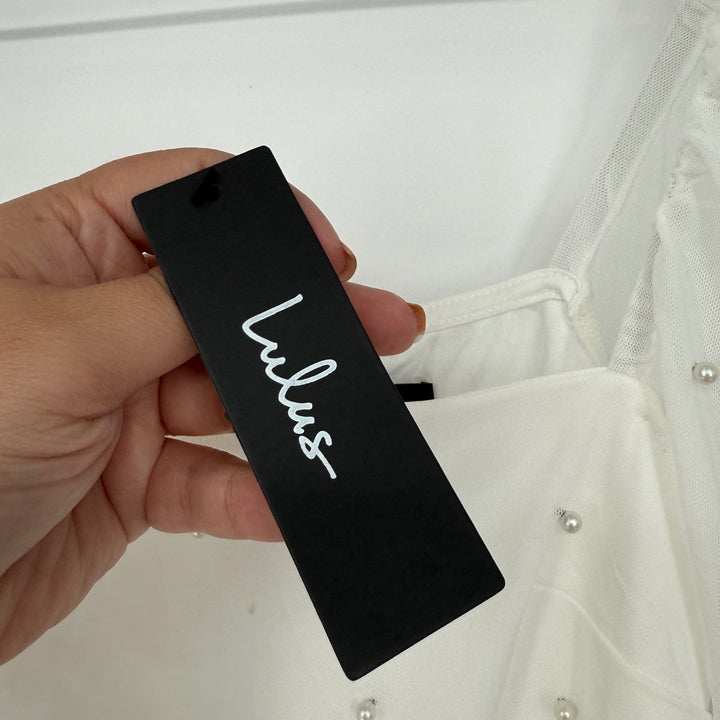 Lulus Admirably Divine White Mesh Pearl Long Sleeve Mini Dress Size S