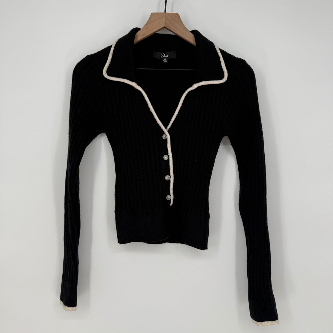Lulus Black Ribbed Collared Button Up Cardigan Sweater Cream Trim Size M