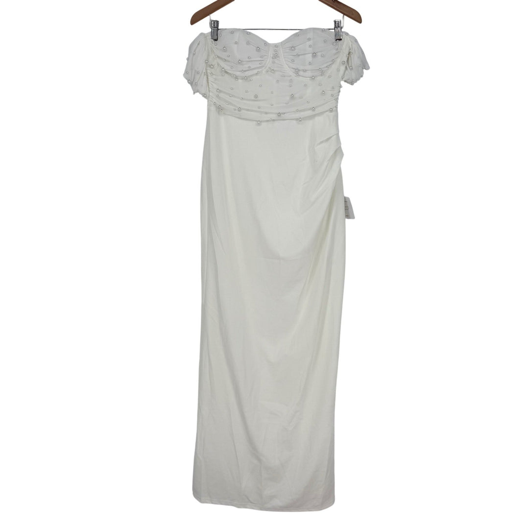 Lulus Immensely Charming White Mesh Pearl Bustier Maxi Dress Size L