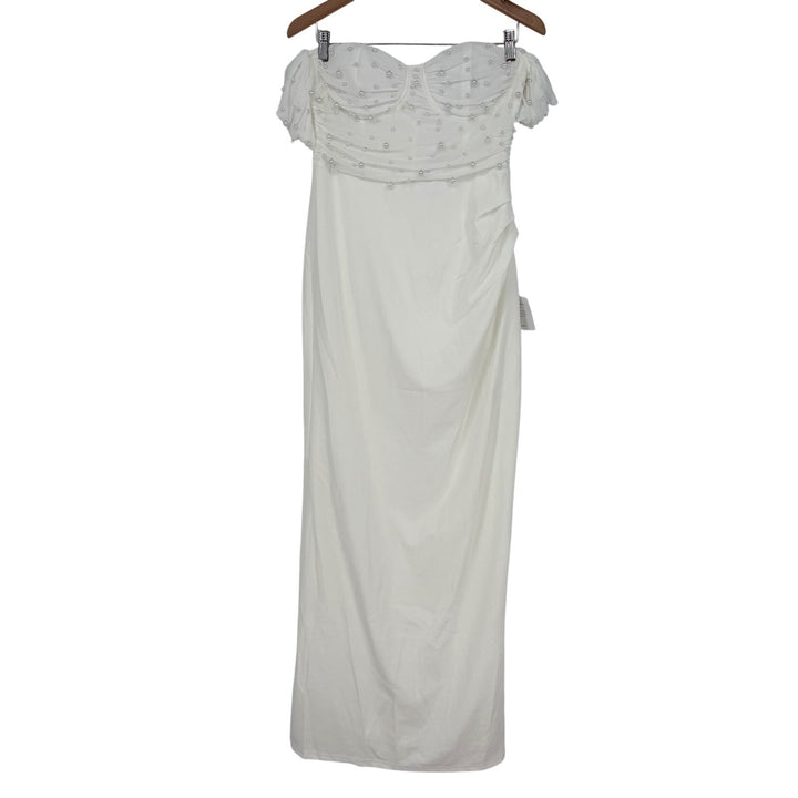 Lulus Immensely Charming White Mesh Pearl Bustier Maxi Dress Size L