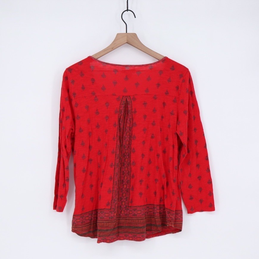 Lucky Brand Red Floral Print Tassel V Neck Long Sleeve Top Women's Size L