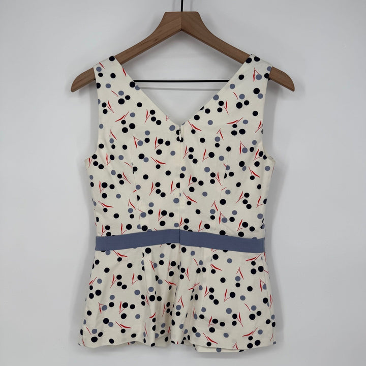 Boden Sinead Fitted Sleeveless Top Polka Dot Print Blouse Ivory Blue Red Size 4