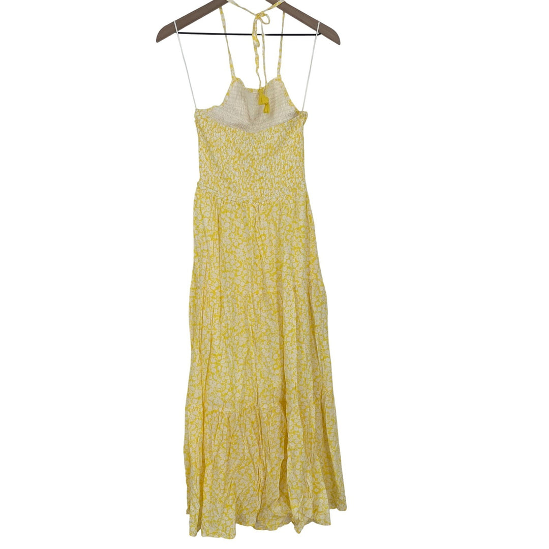 LOST WANDER Yellow White Floral Smocked Halter Maxi Dress XS