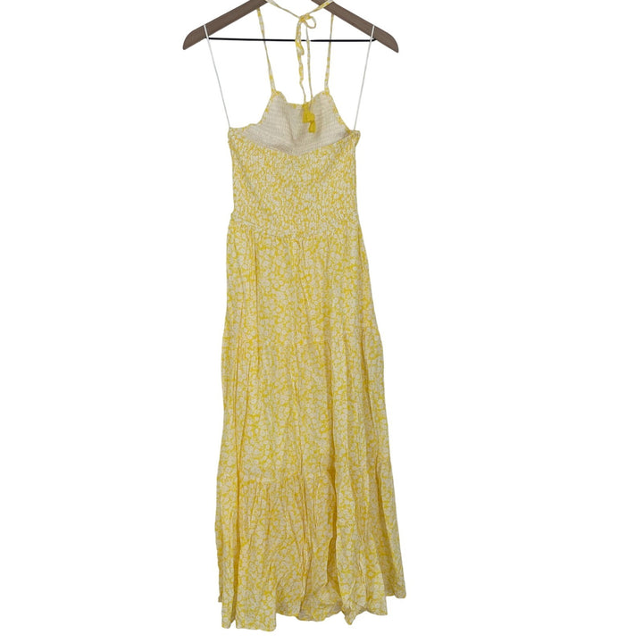 LOST WANDER Yellow White Floral Smocked Halter Maxi Dress XS