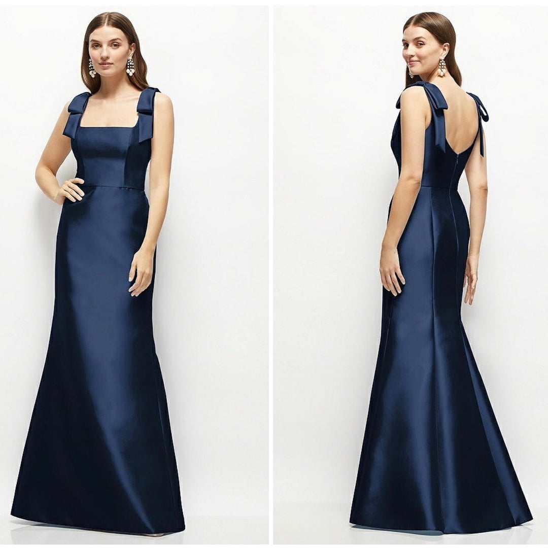 Alfred Sung Navy Square Neck Bow Shoulder Maxi Dress Formal Evening Gown
