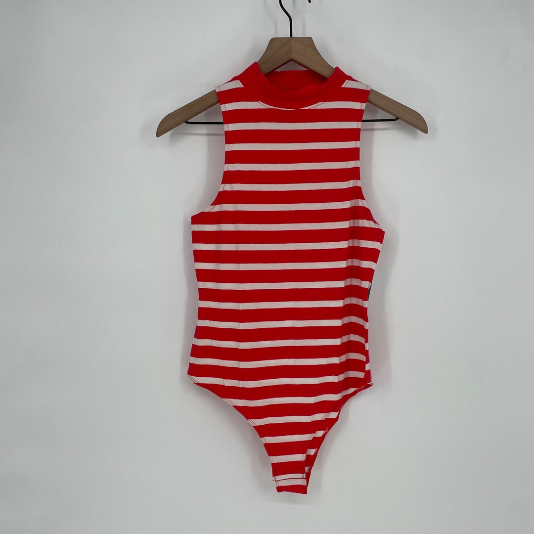 Abound Red White Stripe Mock Neck Sleeveless Bodysuit Top Size Medium