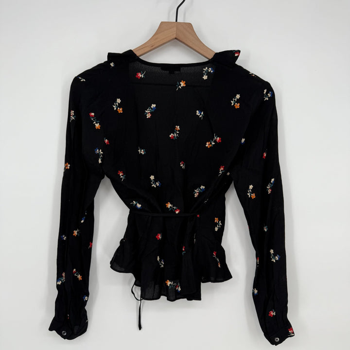 Rails Simone Wrap Blouse Womens XS Black Kyoto Floral Rayon Ruffle Surplice Neck