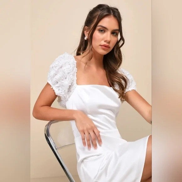 Lulus Precious Enchantment White Satin Floral Puff Sleeve Mini Dress Size S