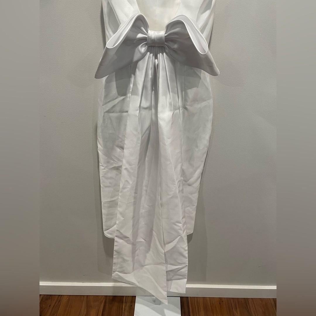 Alfred Sung Scoop Neck Corset Satin Midi Dress With Floor-Length Bow Size 0