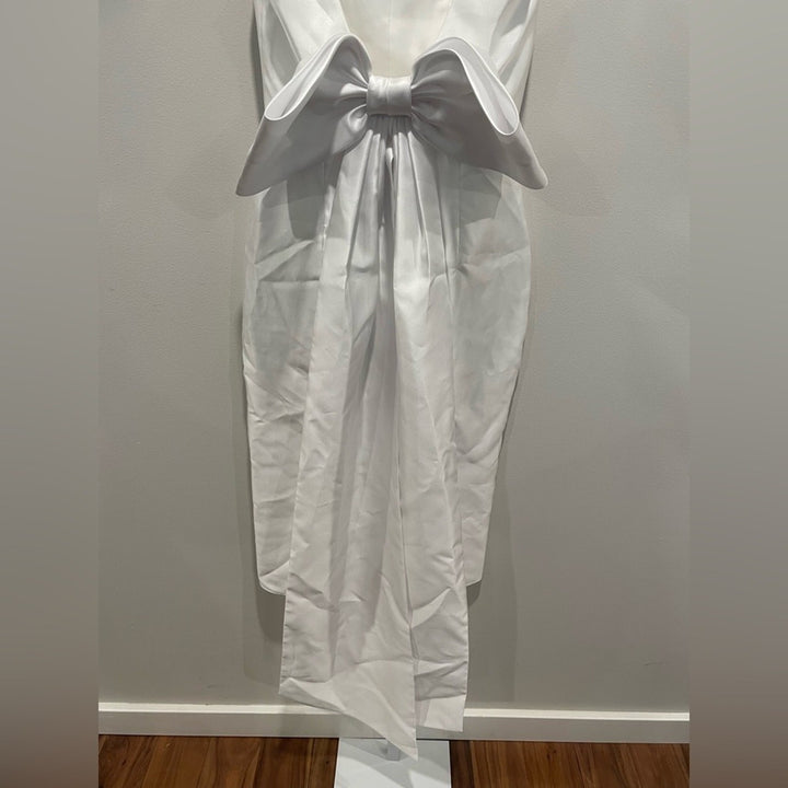 Alfred Sung Scoop Neck Corset Satin Midi Dress With Floor-Length Bow Size 0