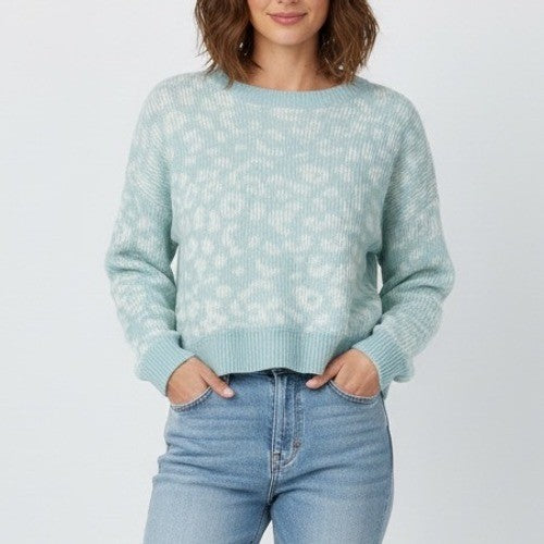 JOHN + JENN Leopard Print Crew Neck Sweater Light Blue White Long Sleeve Size L