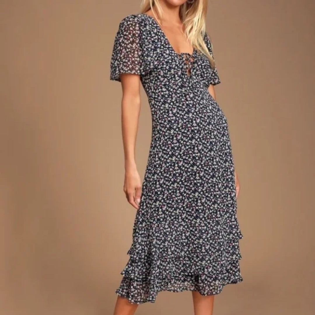 Lulus Renee Navy Blue Floral Print Ruffled Lace-Up Midi Dress Size XS