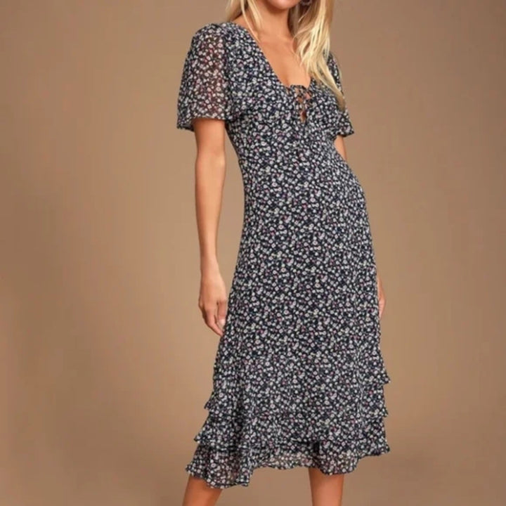 Lulus Renee Navy Blue Floral Print Ruffled Lace-Up Midi Dress Size XS