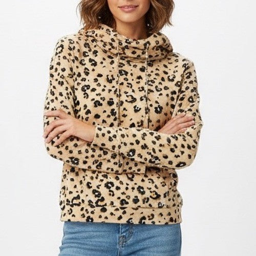 Love Fire Leopard Print Cowl Neck Hoodie Sweatshirt Pullover M