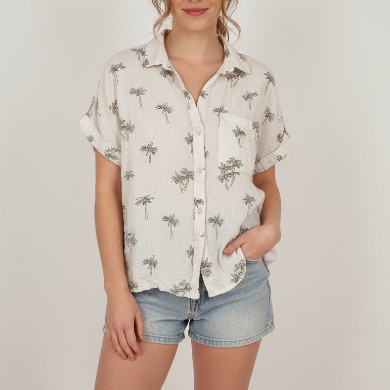 Rails Whitney Sketched Palm Tree Linen Blend Button Down Shirt Size M