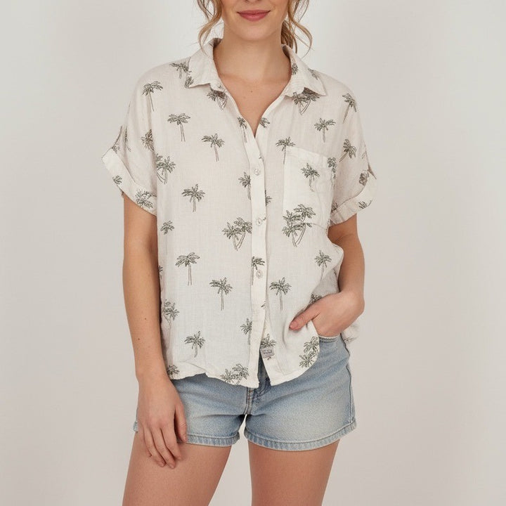 Rails Whitney Sketched Palm Tree Linen Blend Button Down Shirt Size M