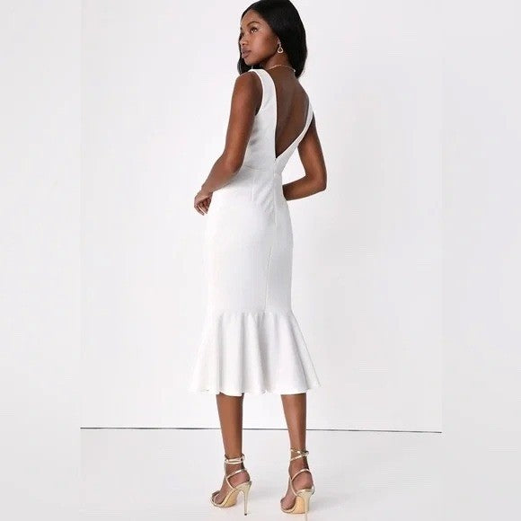 Lulus Moment Maker White Square Neck Trumpet Midi Dress Size M