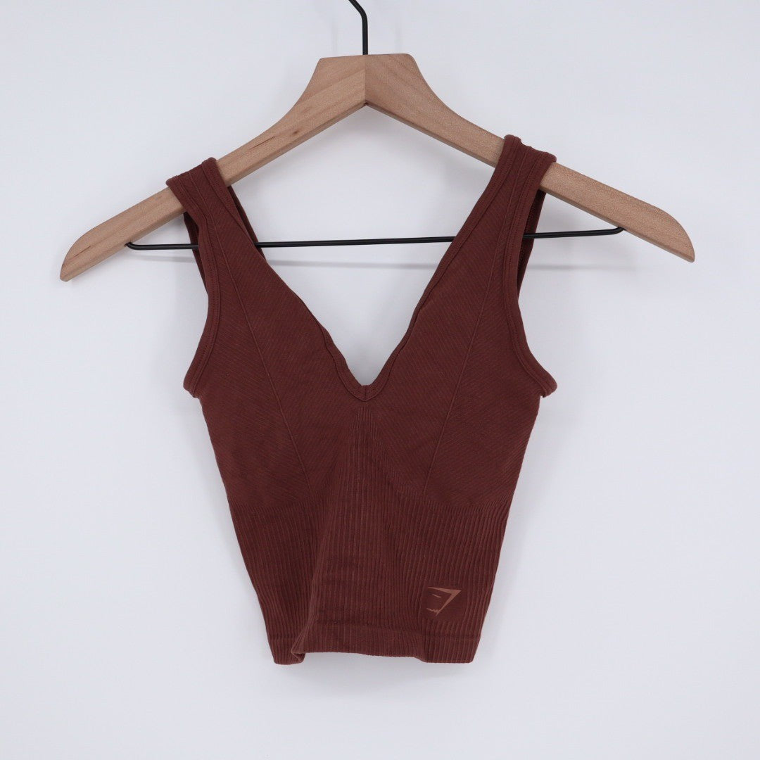 Gymshark Seamless Ribbed V Neck Crop Tank Top Brown XS Athletic Workout