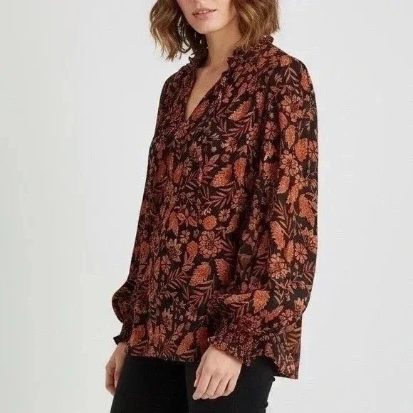 Elan Bloomingdales Blouse XS Black Autumn Floral Print Long Sleeve Ruffle Neck