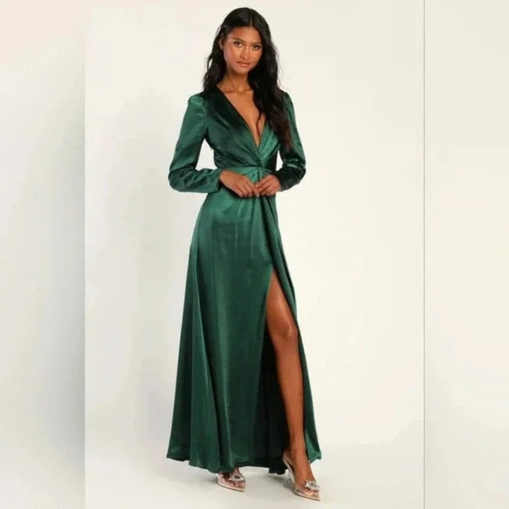 Lulus Endearing Elegance Emerald Green Satin Long Sleeve Maxi Dress Size 3X