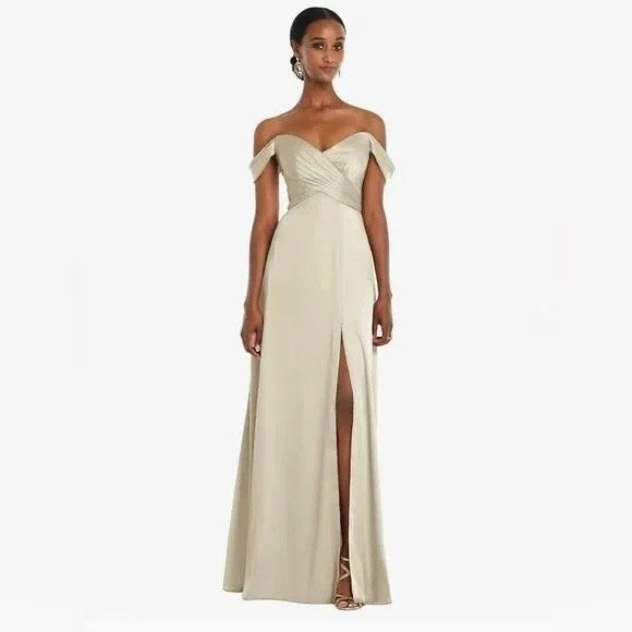 Dessy Collection Off-The-Shoulder Flounce Sleeve Empire Waist Gown With Slit