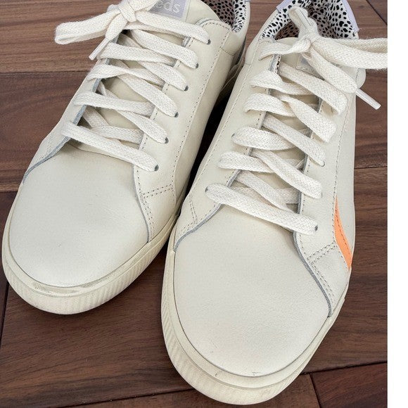 Keds Cream Leather Sneakers with Orange Stripe & Leopard Print Accent