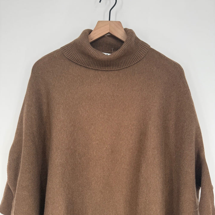 MAGASCHONI Women's Brown Wool Blend Turtleneck Fringe Poncho Sweater S/P