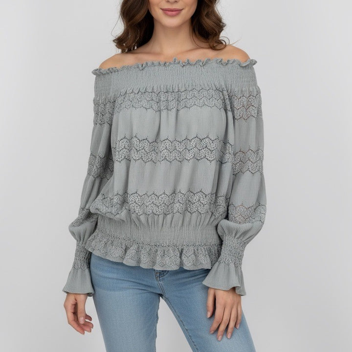 Womens Off Shoulder Smocked Lace Trimmed Blouse Long Sleeve Light Blue Size L