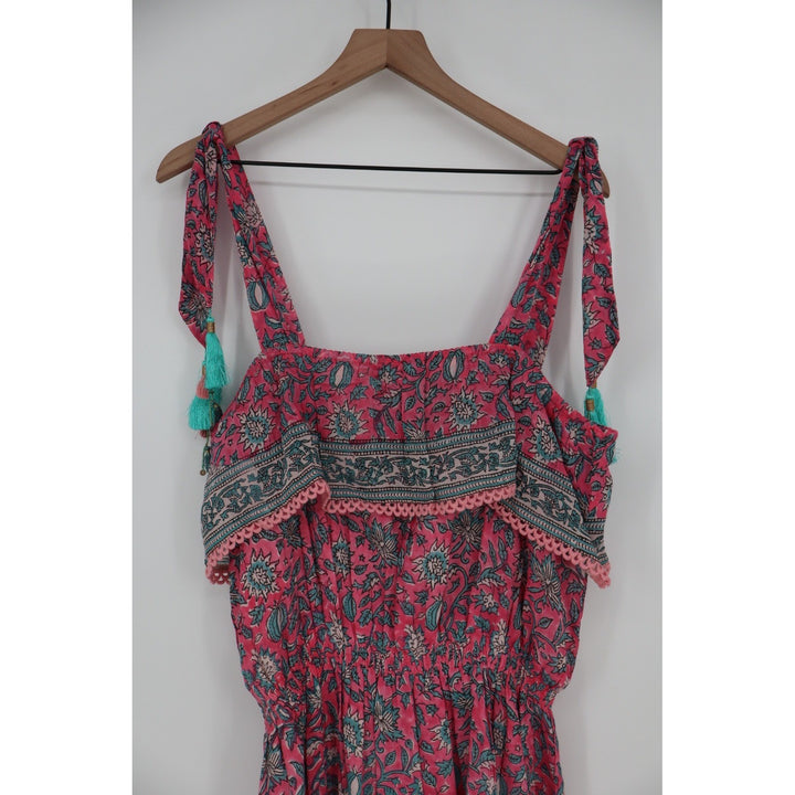 ALICIA BELL Floral Print Tassel Tie Shoulder Dress XL Red Blue Silk Cotton