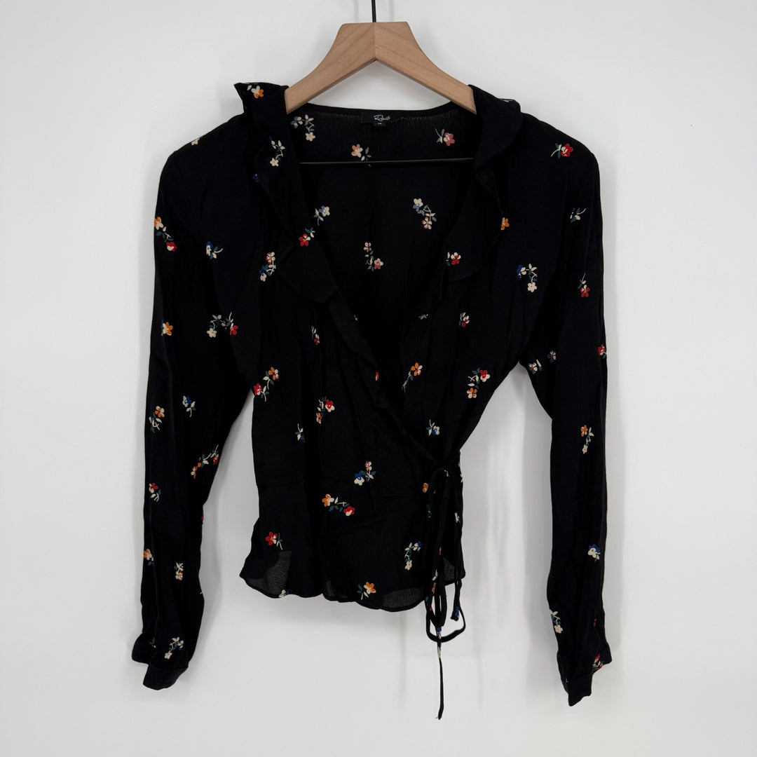 Rails Simone Wrap Blouse Womens XS Black Kyoto Floral Rayon Ruffle Surplice Neck