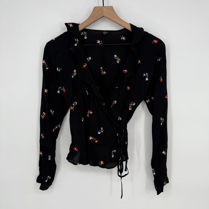 Rails Simone Wrap Blouse Womens XS Black Kyoto Floral Rayon Ruffle Surplice Neck