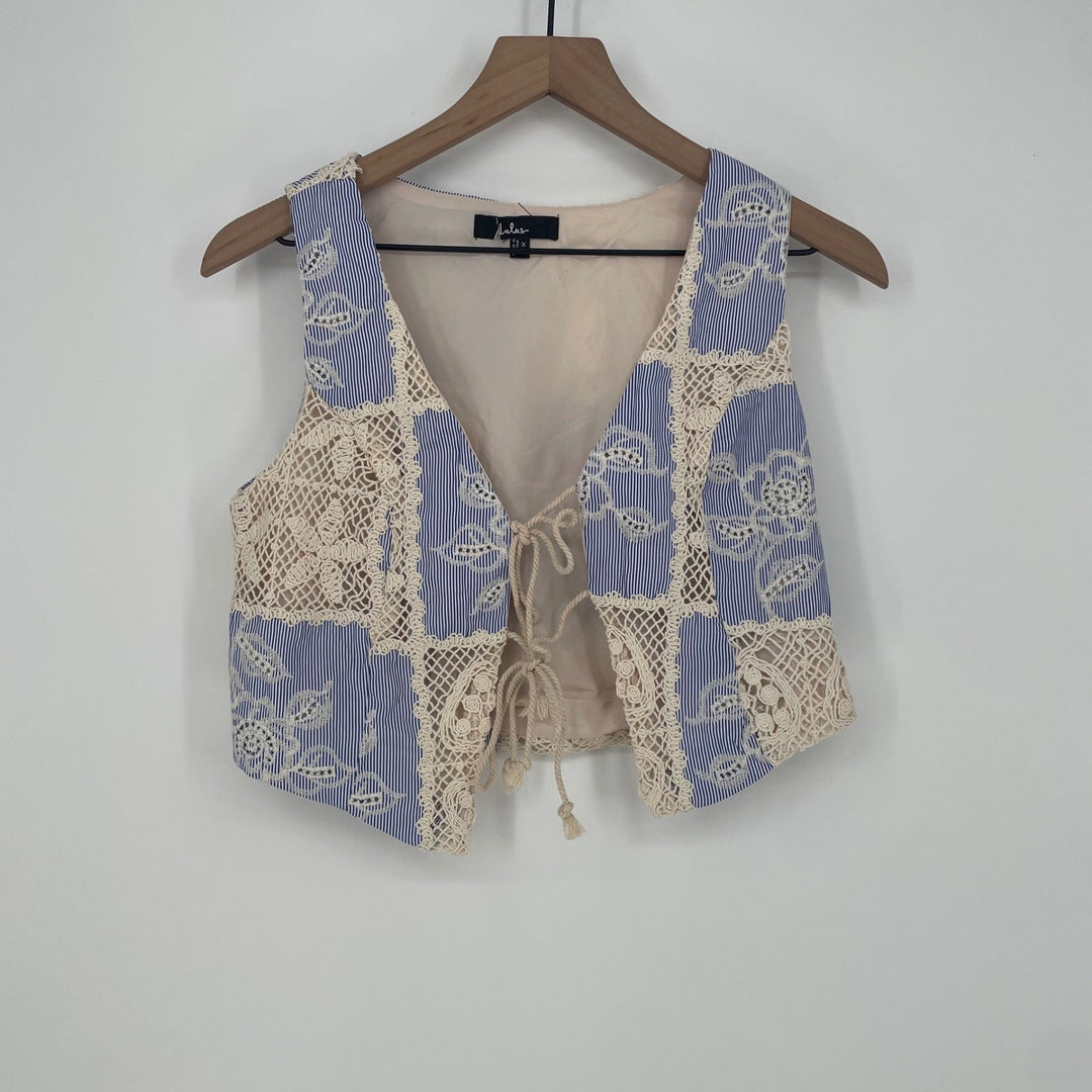 Lulus Elfreda Blue And Cream Crochet Knit Patchwork Tie-Front Size XS