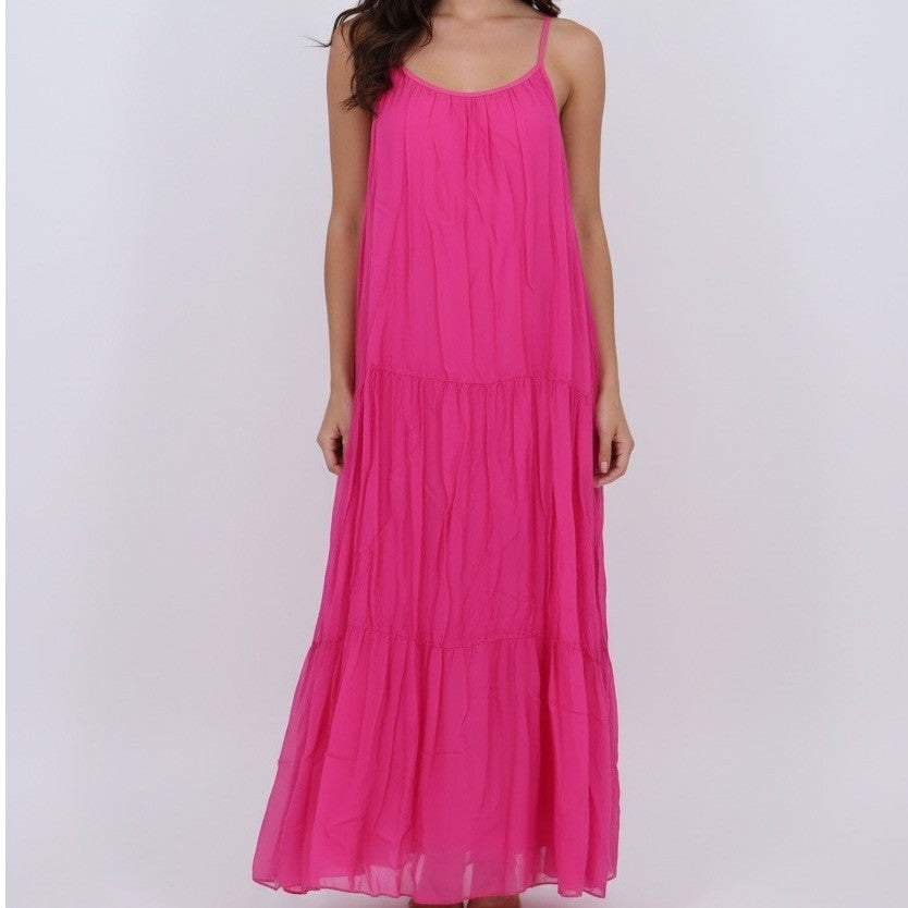 Bellambra Made in Italy Fuchsia Silk Blend Tiered Maxi Dress Size M