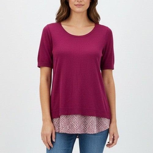 Ann Taylor Petite Short Sleeve Knit Top with Printed Layered Hem Size SP