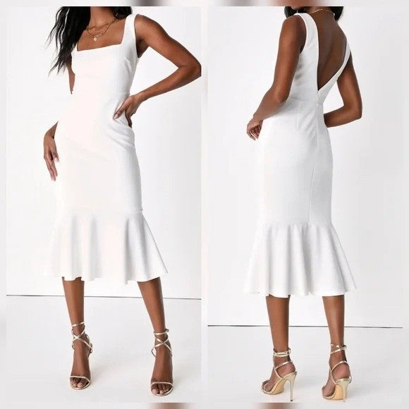 Lulus Moment Maker White Square Neck Trumpet Midi Dress Size M