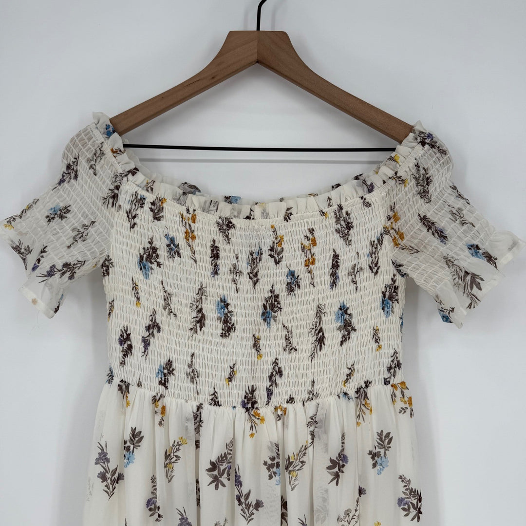 AQUA Smocked Off Shoulder Floral Midi Dress White Blue Yellow Size S