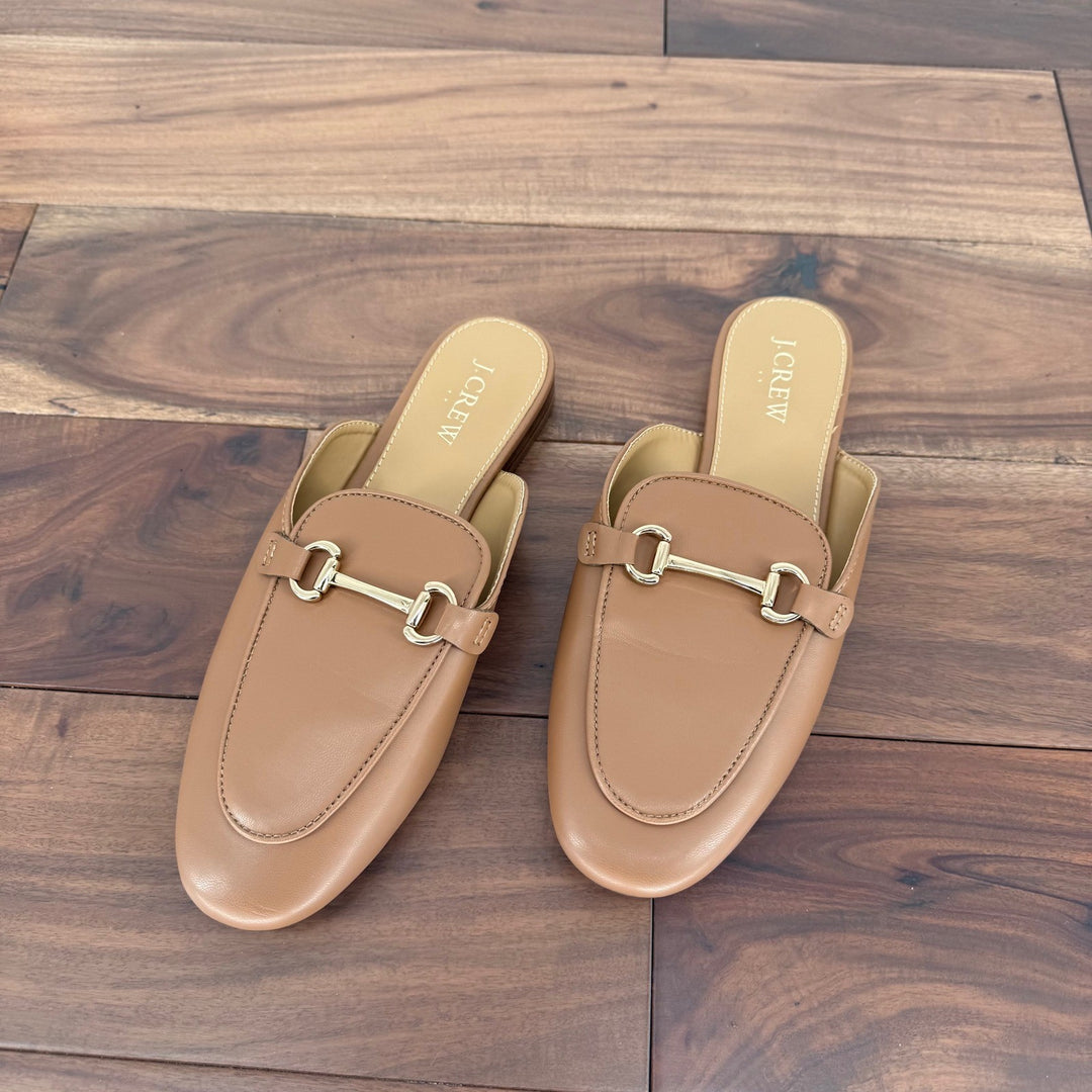 J Crew Tan Leather Horsebit Mules Loafers Slip On Flats Shoes Size 7.5