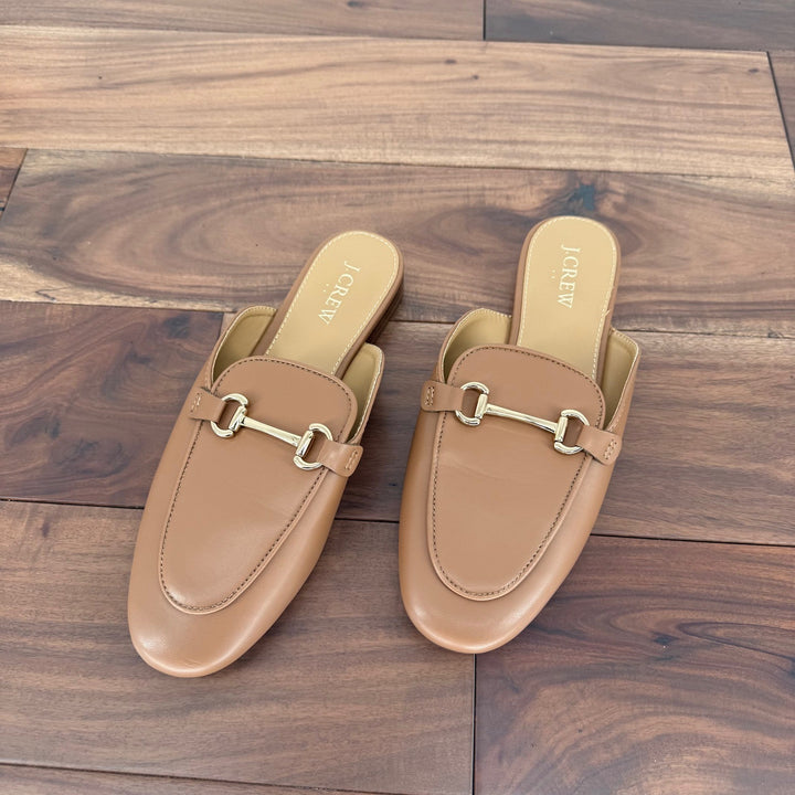J Crew Tan Leather Horsebit Mules Loafers Slip On Flats Shoes Size 7.5